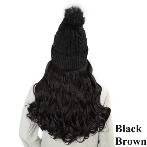 Qp hairVigorous Synthetic Beanie Hat with Hair Attached Synthetic Long Wavy Wig Winter Slouchy Beanie for Women Hat with Hair