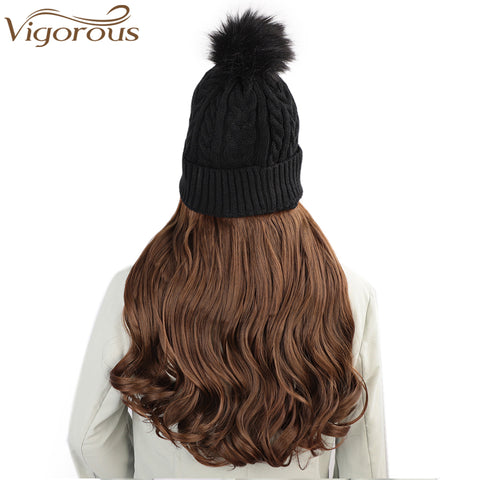 Qp hairVigorous Synthetic Beanie Hat with Hair Attached Synthetic Long Wavy Wig Winter Slouchy Beanie for Women Hat with Hair