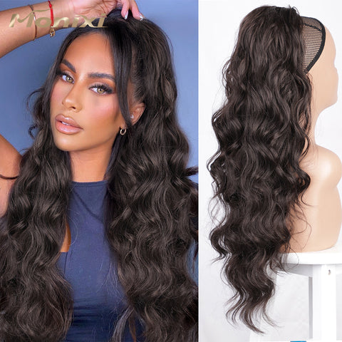 Qp hairVigorous Synthetic Long Body Wavy Drawstring Ponytail  for Women Synthetic Wave Hair Extension Clip in Hairpiece Black Fake Hair