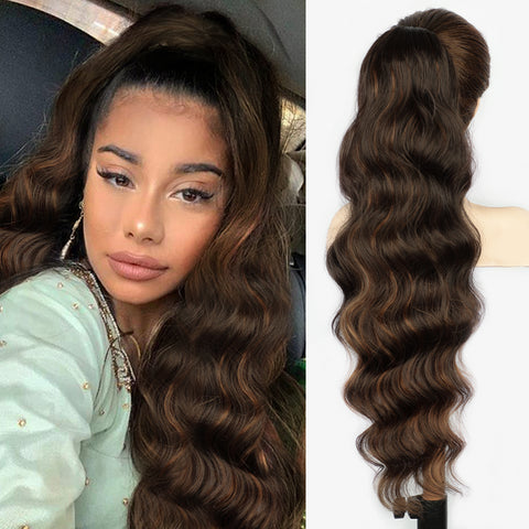 Qp hairVigorous Synthetic Long Body Wavy Drawstring Ponytail  for Women Synthetic Wave Hair Extension Clip in Hairpiece Black Fake Hair