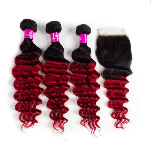 Human Hair Loose Deep Ombre1B Red Bundles With Closure Colored Brazilian Hair Weave Bundles With Closure